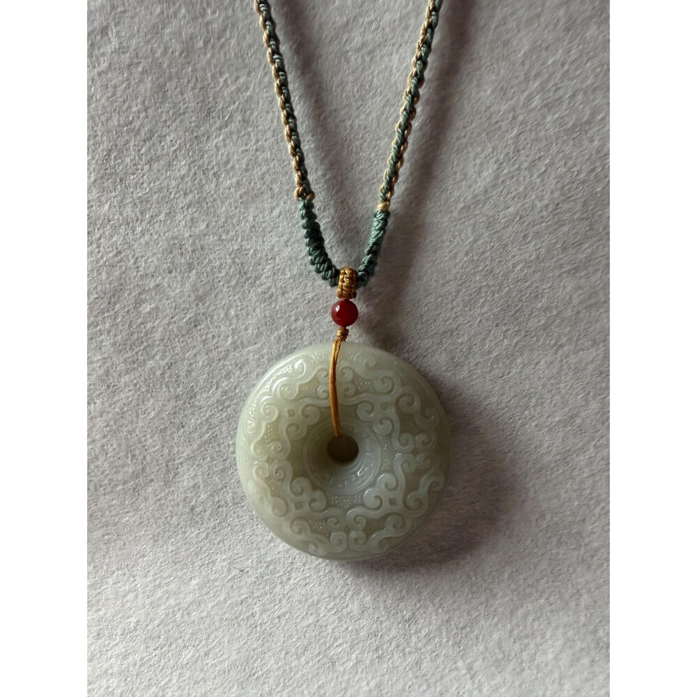 Large Celadon Chinese Jade Pendant Necklace Carved Cloud Scroll Bi Disc Natural